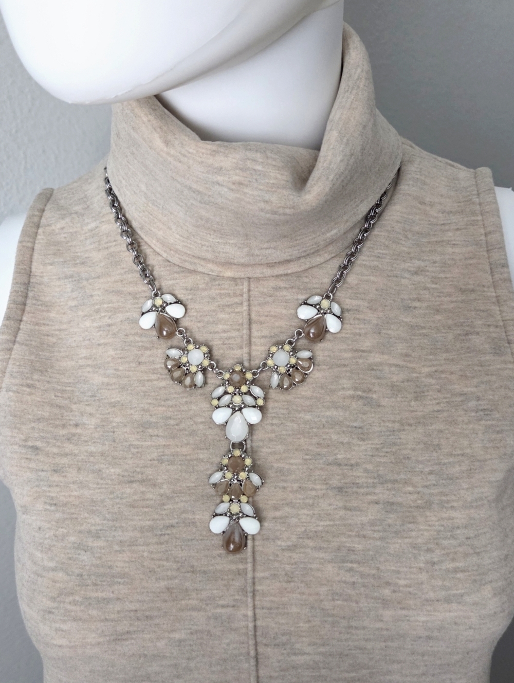 New York & Company White and Taupe Statement Y-Necklace With Silver Chain - Picture 3 of 12